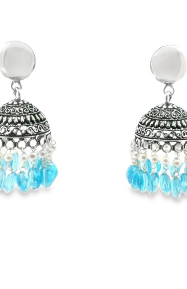 Gehna Jaipur Pearl & Blue Topaz Color Stone Jhumki Style Earrings Silver Plated  For Girls & Women GE03-1253