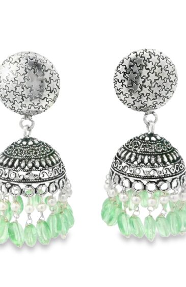 Gehna Jaipur Pearl & Green Flourite Color Stone Jhumki Style Earrings Silver Plated  For Girls & Women GE03-1254