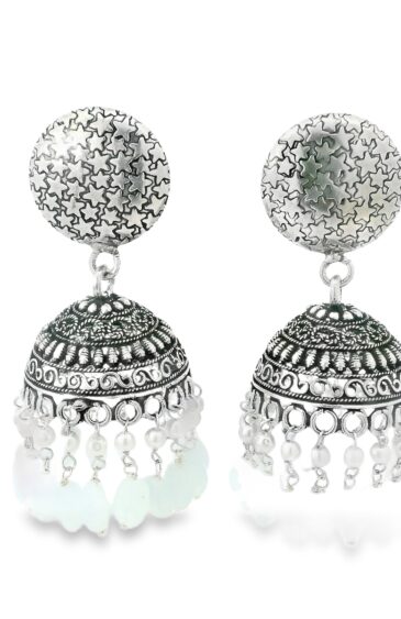 Gehna Jaipur Pearl & Aquamarine Color Stone Jhumki Style Earrings Silver Plated  For Girls & Women GE03-1255