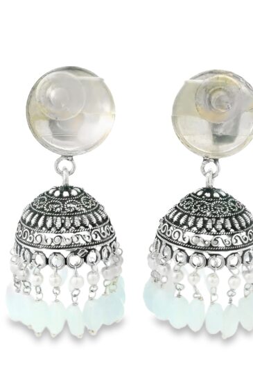 Gehna Jaipur Pearl & Aquamarine Color Stone Jhumki Style Earrings Silver Plated  For Girls & Women GE03-1255