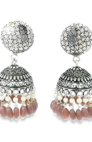 Gehna Jaipur Pearl & Chalcedony Color Stone Jhumki Style Earrings Silver Plated  For Girls & Women GE03-1256