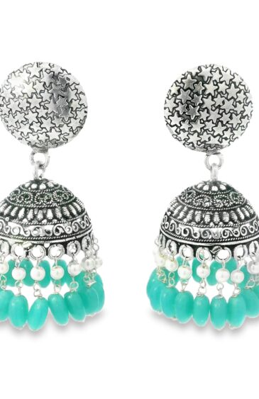 Gehna Jaipur Pearl & Green Onyx Color Stone Jhumki Style Earrings Silver Plated  For Girls & Women GE03-1258