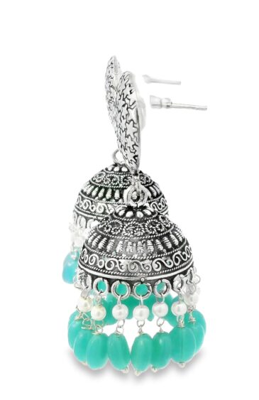 Gehna Jaipur Pearl & Green Onyx Color Stone Jhumki Style Earrings Silver Plated  For Girls & Women GE03-1258