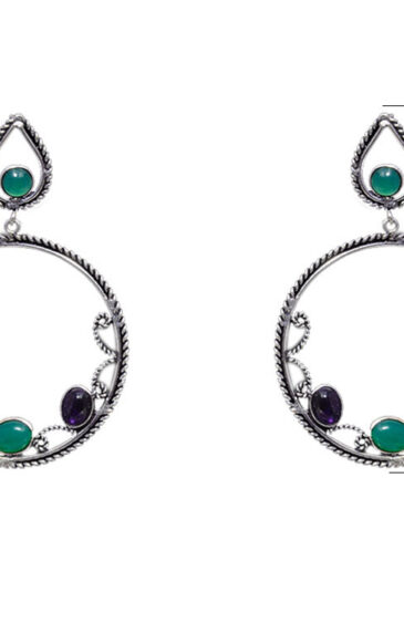 Gehna Jaipur Amethyst & Green Jade Color Stone Earrings In German Silver  For Girls & Women GE01-1315