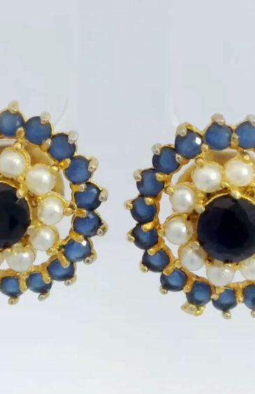 Gehna Jaipur Pearl And Blue Sapphire Studded Flower Style Earrings  For Girls & Women FE-1346