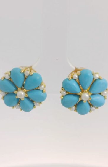 Gehna Jaipur Turquoise & Pearl Bead Studded Flower Style Earrings  For Girls & Women FE-1350