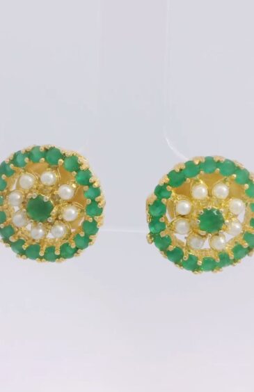 Gehna Jaipur Pearl And Green Emerald Studded Flower Style Earrings  For Girls & Women FE-1351