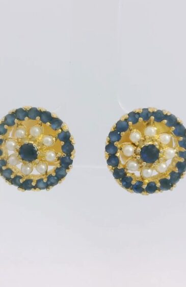 Gehna Jaipur Pearl And Blue Sapphire Studded Flower Style Earrings  For Girls & Women FE-1353