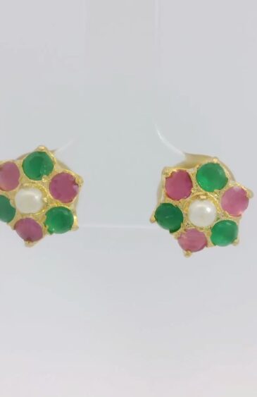 Gehna Jaipur Pearl & Emerald, Tourmaline Stone Studded Flower Shape Earrings For Girls & Women FE-1361