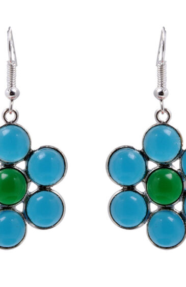 Gehna Jaipur Green Onyx & Blue Chalcedony Color Stone Flower Shaped Danglers For Girls & Women GE01-1543