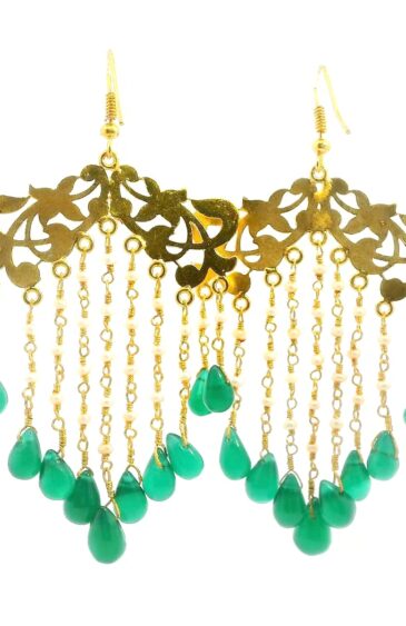 Gehna Jaipur Pearl & Emerald Faceted Drop Shaped Gemstone 925 Solid Silver Earrings For Girls & Women SE02-1016