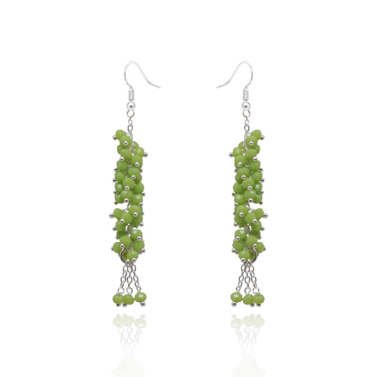 Gehna Jaipur Elegant Green Beaded Cascade Earrings With Silver-Tone Chain For Girls & Women CE-1086