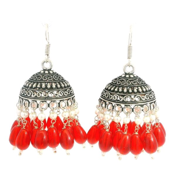 Gehna Jaipur Pearl & Ruby Red Color Stone Jhumki Style Earrings Silver Plated  For Girls & Women GE03-1259