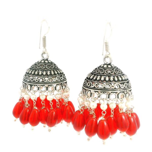 Gehna Jaipur Pearl & Ruby Red Color Stone Jhumki Style Earrings Silver Plated  For Girls & Women GE03-1259 - Image 3