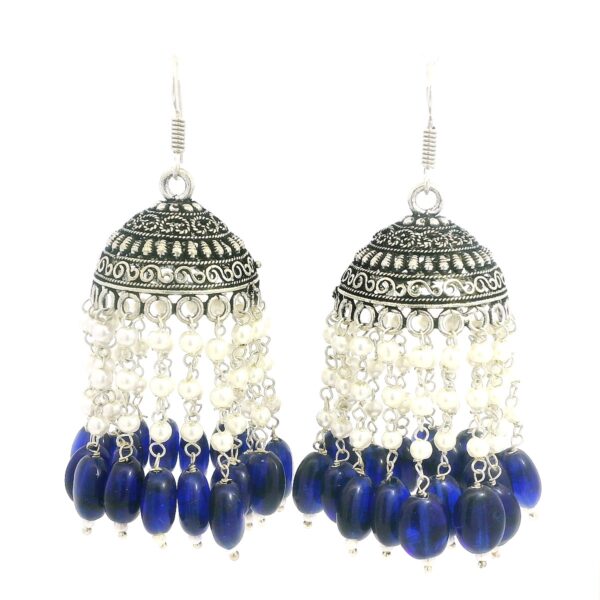 Gehna Jaipur Pearl & Blue Sapphire Color Stone Jhumki Style Earrings Silver Plated  For Girls & Women GE03-1260