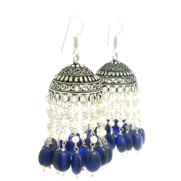 Gehna Jaipur Pearl & Blue Sapphire Color Stone Jhumki Style Earrings Silver Plated  For Girls & Women GE03-1260 - Image 4