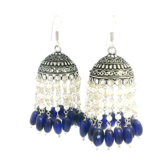 Gehna Jaipur Pearl & Blue Sapphire Color Stone Jhumki Style Earrings Silver Plated  For Girls & Women GE03-1260 - Image 3