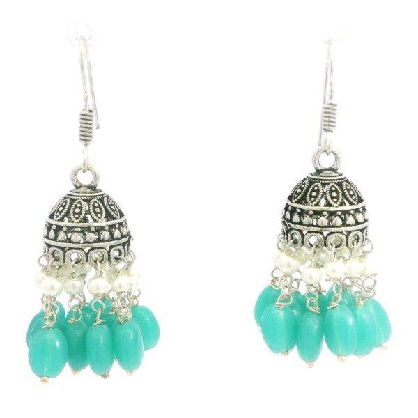 Gehna Jaipur Pearl & Green Onyx Color Stone Jhumki Style Earrings Silver Plated  For Girls & Women GE03-1261