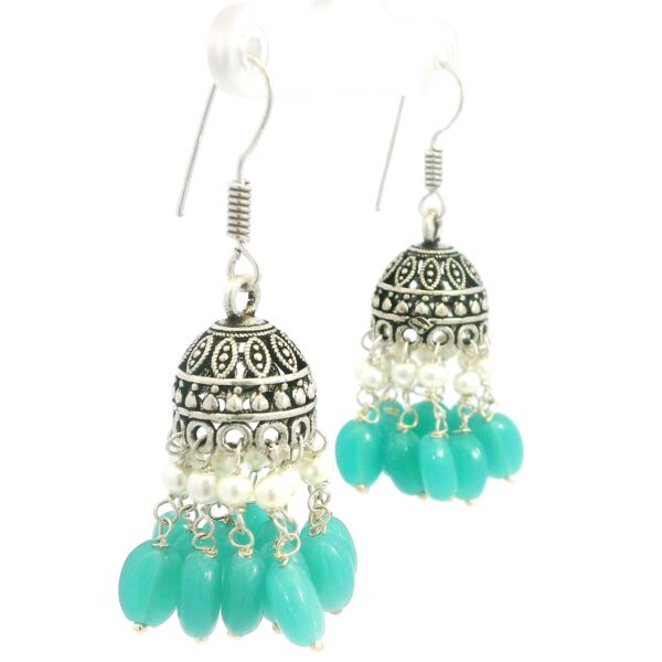 Gehna Jaipur Pearl & Green Onyx Color Stone Jhumki Style Earrings Silver Plated  For Girls & Women GE03-1261 - Image 4