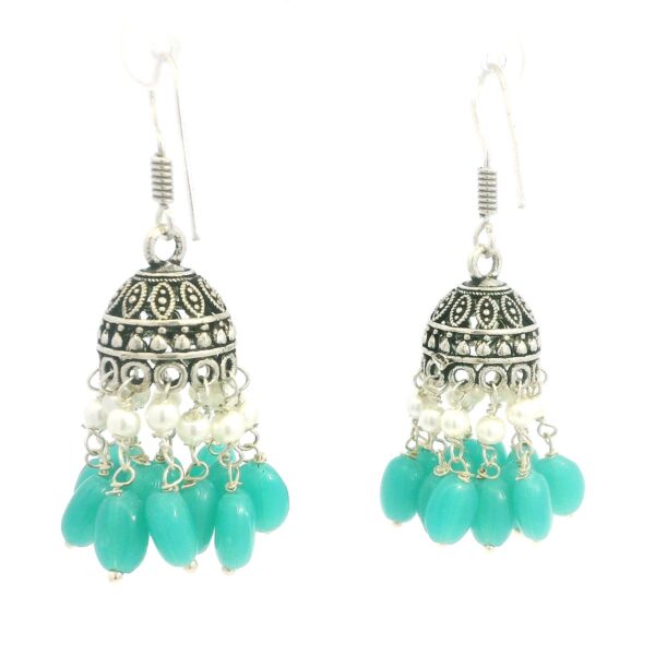 Gehna Jaipur Pearl & Green Onyx Color Stone Jhumki Style Earrings Silver Plated  For Girls & Women GE03-1261 - Image 3