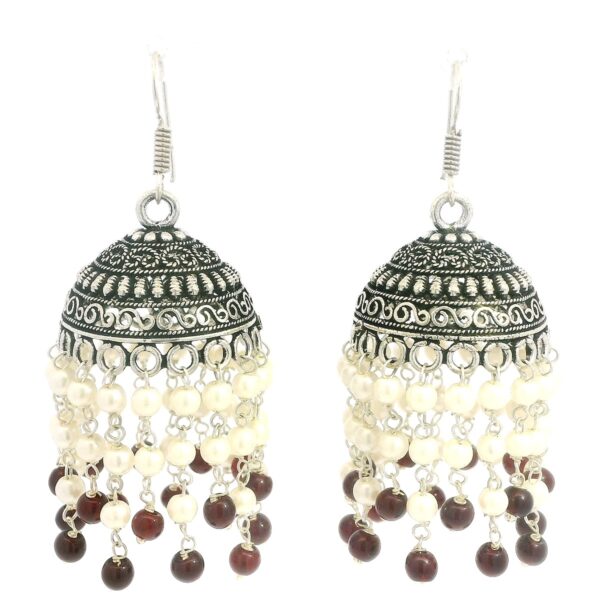Gehna Jaipur Pearl & Red Garnet Color Stone Jhumki Style Earrings Silver Plated  For Girls & Women GE03-1262