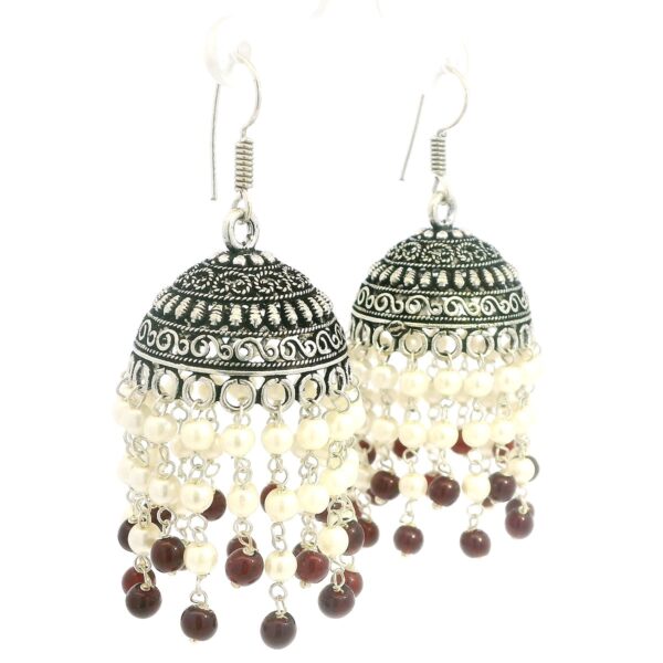Gehna Jaipur Pearl & Red Garnet Color Stone Jhumki Style Earrings Silver Plated  For Girls & Women GE03-1262 - Image 4