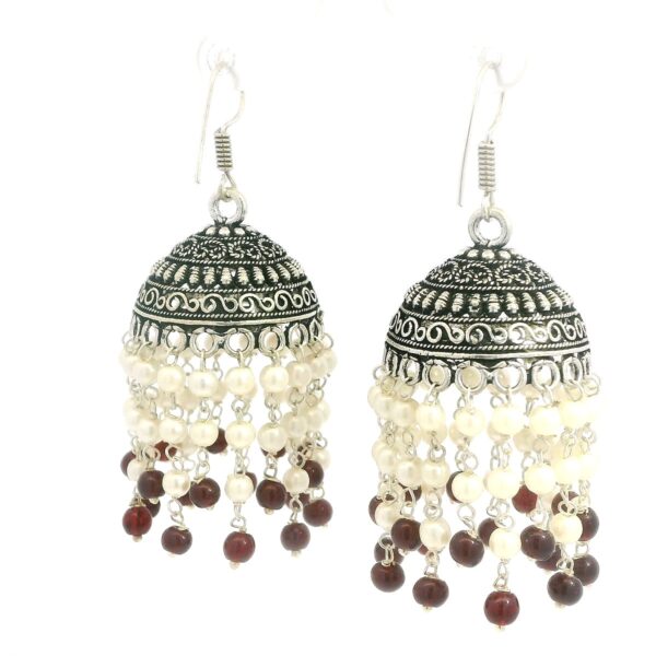 Gehna Jaipur Pearl & Red Garnet Color Stone Jhumki Style Earrings Silver Plated  For Girls & Women GE03-1262 - Image 3