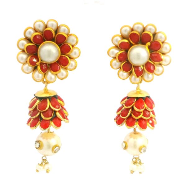 Gehna Jaipur Red Onyx, Pearl & White Sapphire Studded Pachi Earrings For Girls & Women FE-1377