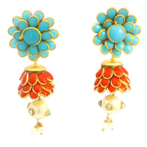 Gehna Jaipur Turquoise, Coral, Pearl & White Sapphire Studded Pachi Earrings For Girls & Women FE-1378