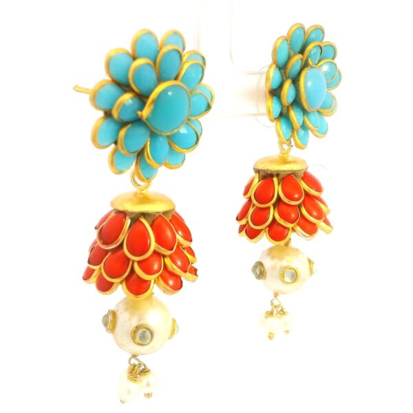 Gehna Jaipur Turquoise, Coral, Pearl & White Sapphire Studded Pachi Earrings For Girls & Women FE-1378 - Image 3