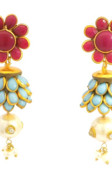 Gehna Jaipur Ruby, Turquoise, Pearl & White Sapphire Studded Pachi Earrings For Girls & Women FE-1379