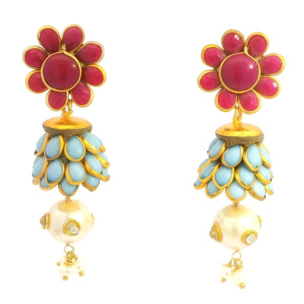 Gehna Jaipur Ruby, Turquoise, Pearl & White Sapphire Studded Pachi Earrings For Girls & Women FE-1379
