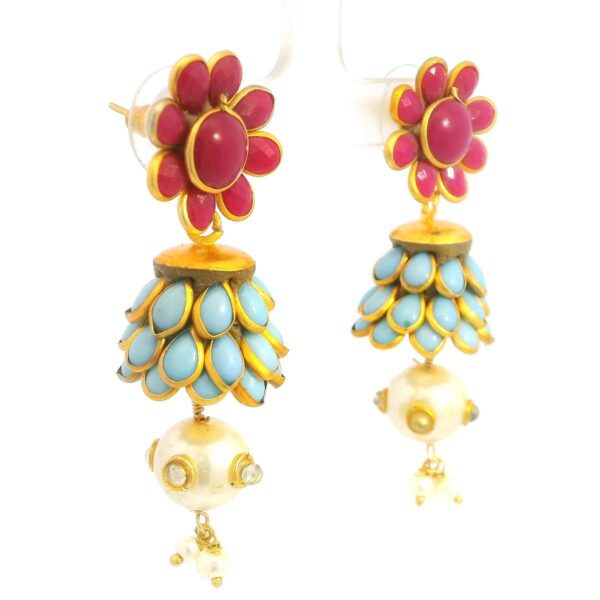 Gehna Jaipur Ruby, Turquoise, Pearl & White Sapphire Studded Pachi Earrings For Girls & Women FE-1379 - Image 3