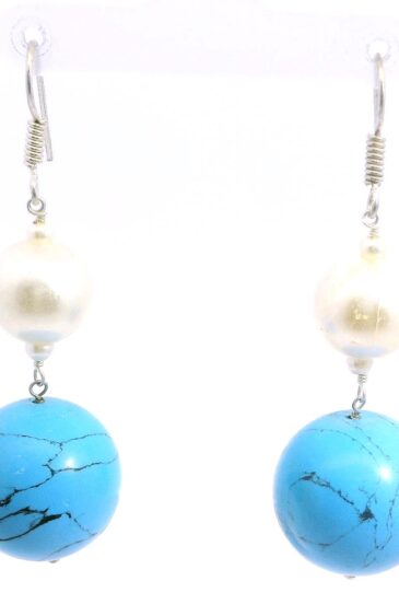 Gehna Jaipur Pearl & Turquoise Ball Gemstone Earrings Made In .925 Solid Silver For Girls & Women ES-1908