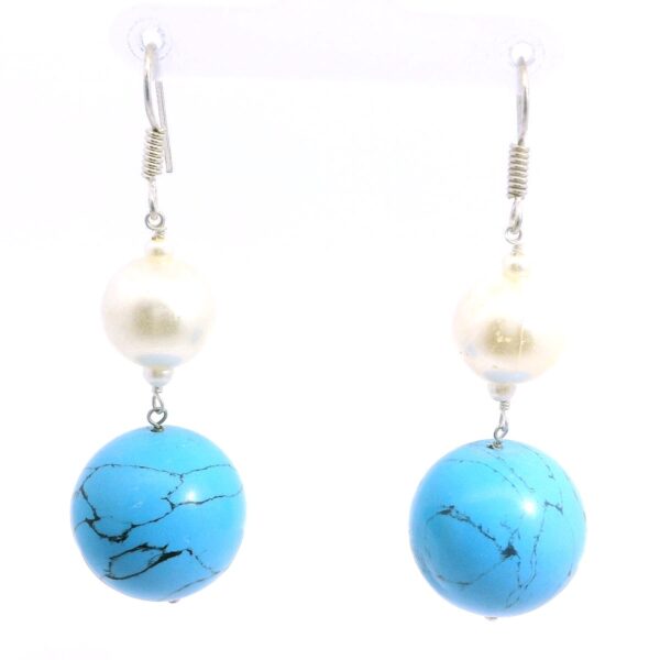 Gehna Jaipur Pearl & Turquoise Ball Gemstone Earrings Made In .925 Solid Silver For Girls & Women ES-1908