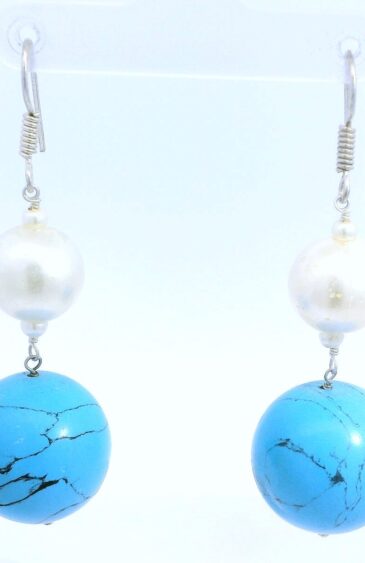 Gehna Jaipur Pearl & Turquoise Ball Gemstone Earrings Made In .925 Solid Silver For Girls & Women ES-1908