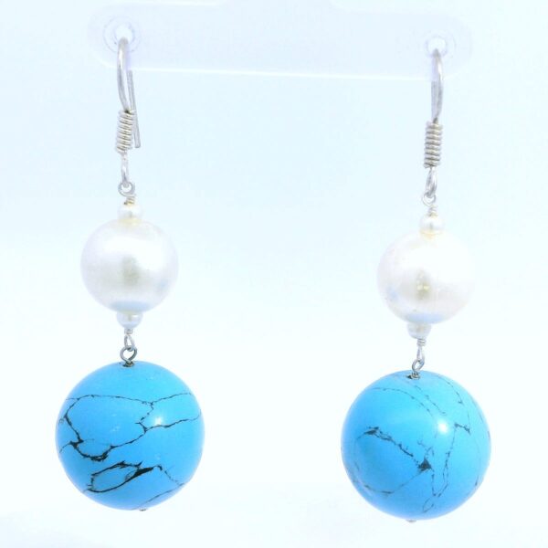 Gehna Jaipur Pearl & Turquoise Ball Gemstone Earrings Made In .925 Solid Silver For Girls & Women ES-1908 - Image 2