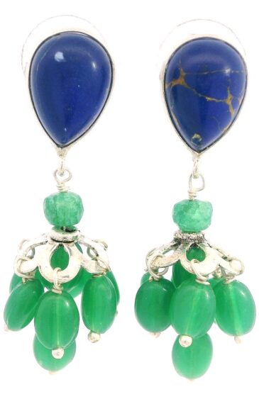 Gehna Jaipur Lapis Lazuli & Green Chalcedony Gemstone Earrings Made In .925 Solid Silver For Girls & Women ES-1919