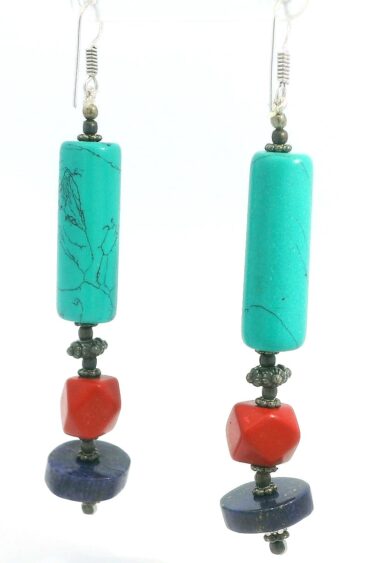 Gehna Jaipur Red Jasper, Turquoise & Lapis Lazuli Gemstone Earrings Made In .925 Solid Silver For Girls & Women ES-1922
