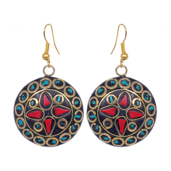Gehna Jaipur Turquoise & Coral Gemstone Round Shape Tibetan Earrings For Girls & Women IE-1001