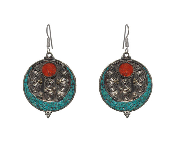 Gehna Jaipur Turquoise & Coral Gemstone Round Shaped Tibetan Earring For Girls & Women IE-1007