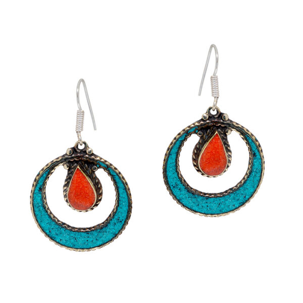 Gehna Jaipur Turquoise & Coral Gemstone Tibetan Earrings For Girls & Women IE-1014