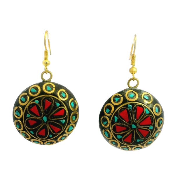 Gehna Jaipur Turquoise & Coral Gemstone Round Shape Tibetan Earrings For Girls & Women IE-1018