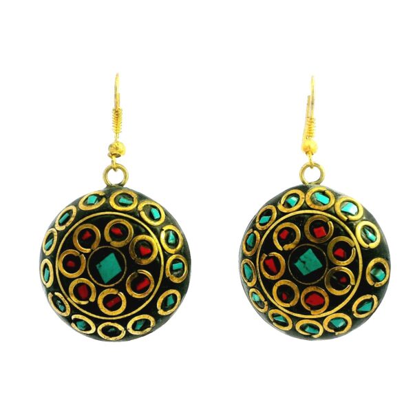 Gehna Jaipur Turquoise & Coral Gemstone Round Shape Tibetan Earrings For Girls & Women IE-1019