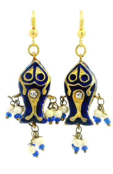 Gehna Jaipur Traditional Blue & Golden Color Fish Shaped Lac Earring For Girls & Women LE02-1030
