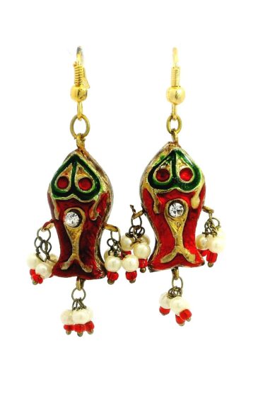 Gehna Jaipur Traditionally Designed Red & Green Color Fish Shaped Lac Earring For Girls & Women LE02-1036
