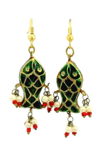Gehna Jaipur Traditionally Designed Red & Green Color Fish Shaped Lac Earring For Girls & Women LE02-1036
