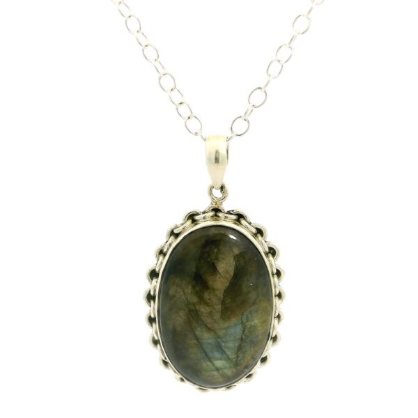 Gehna Jaipur Labradorite Oval Shape Gemstone Studded 925 Sterling Silver Pendant For Girls & Women SP03-1129