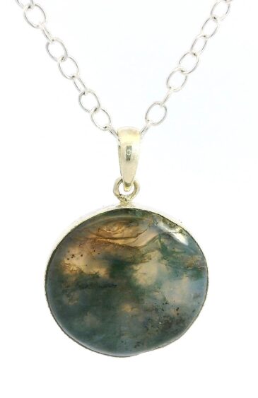 Gehna Jaipur Moss Agate Round Shape Gemstone Studded 925 Sterling Silver Pendant For Girls & Women SP03-1139
