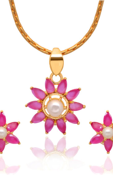 Gehna Jaipur Pearl & Ruby Color Stone Studded Pendant Set For Girls & Women FP-1179